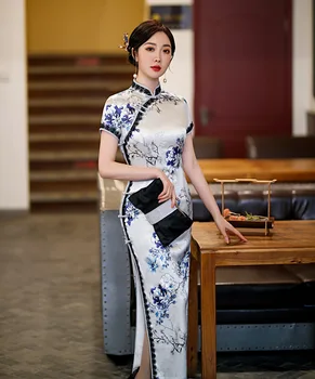 Tradicionalno Ročno Gumb Natisnjeni Saten Cheongsam Čipke Trim Mandarin Ovratnik, Kratkimi Rokavi Qipao Kitajskih Žensk Poročno Obleko
