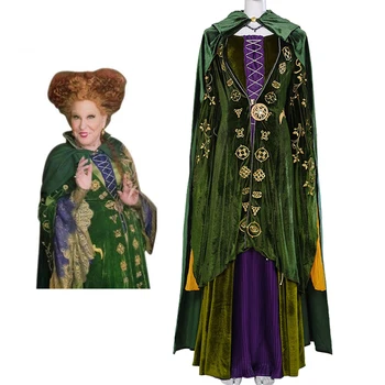 Visoka Kakovost Hocus Pocus Cosplay Winifred Sanderson Kostum Fancy Čarovnica Vezenje Obleke Z Zeleno Cape