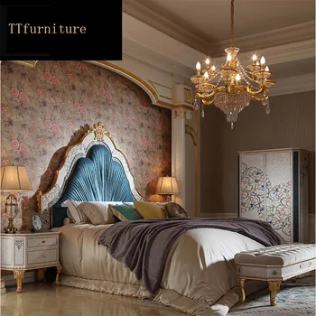 sodobne evropske italijanskega masivnega lesa pravega usnja posteljo Moda Vklesan razkošno francoski spalnica set pohištva king size jx125